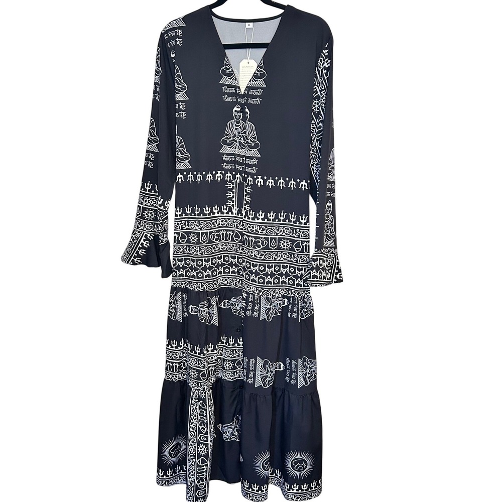 Tiered Maxi Dress Black White Bell‎ Sleeve Flowy Kaftan XL NWT